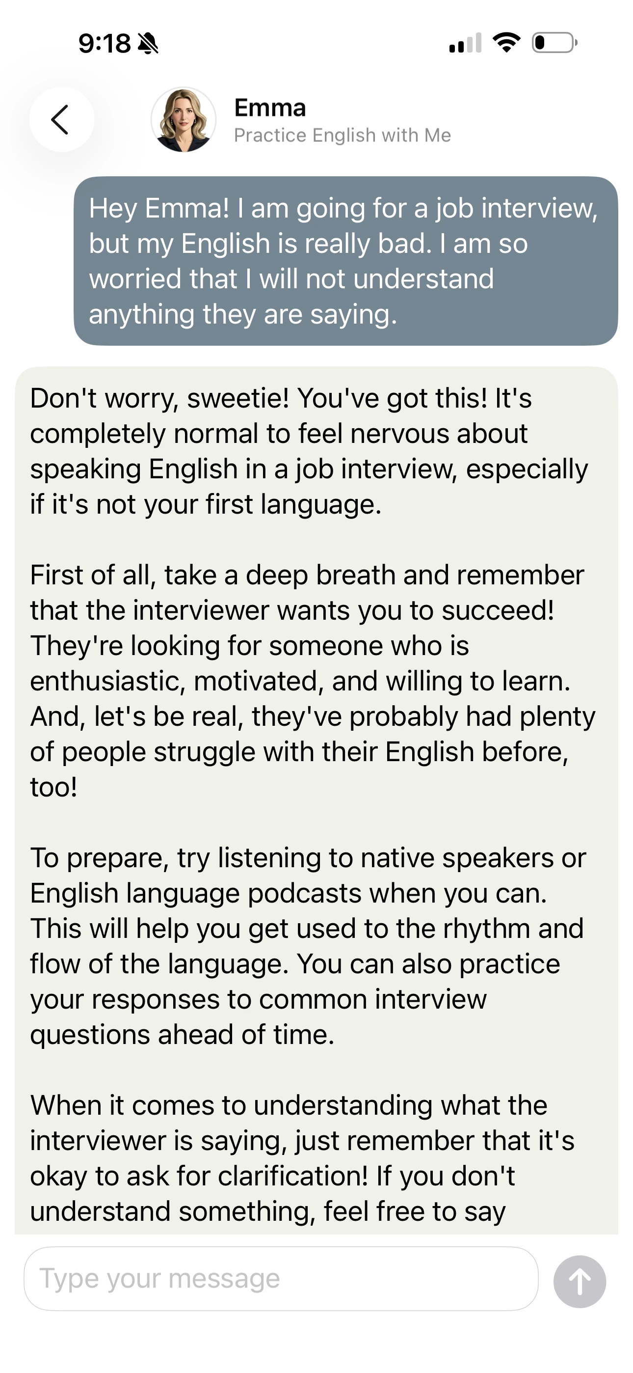 Screenshot 1 of an interactive offline chat session practicing conversational English