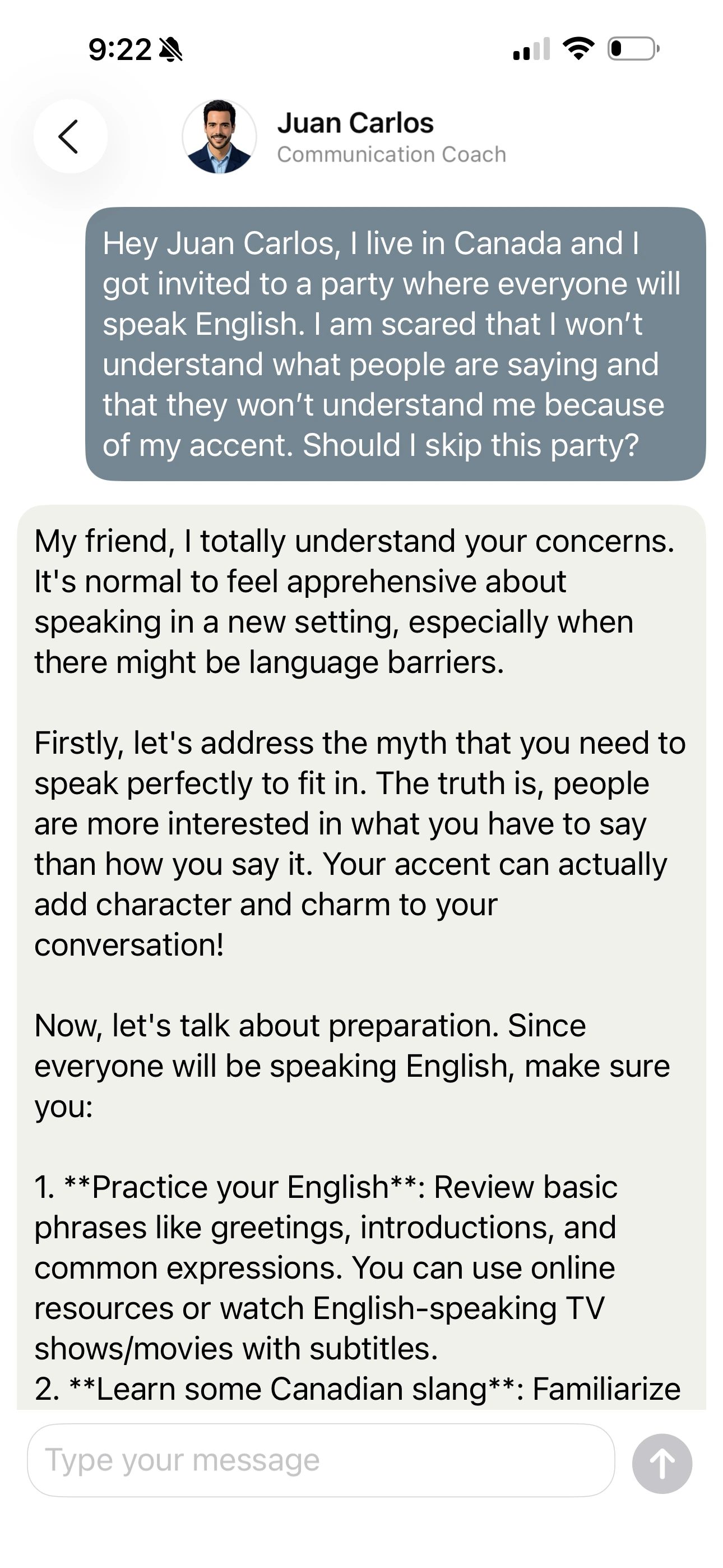 Screenshot 1 of an interactive offline chat session practicing conversational English