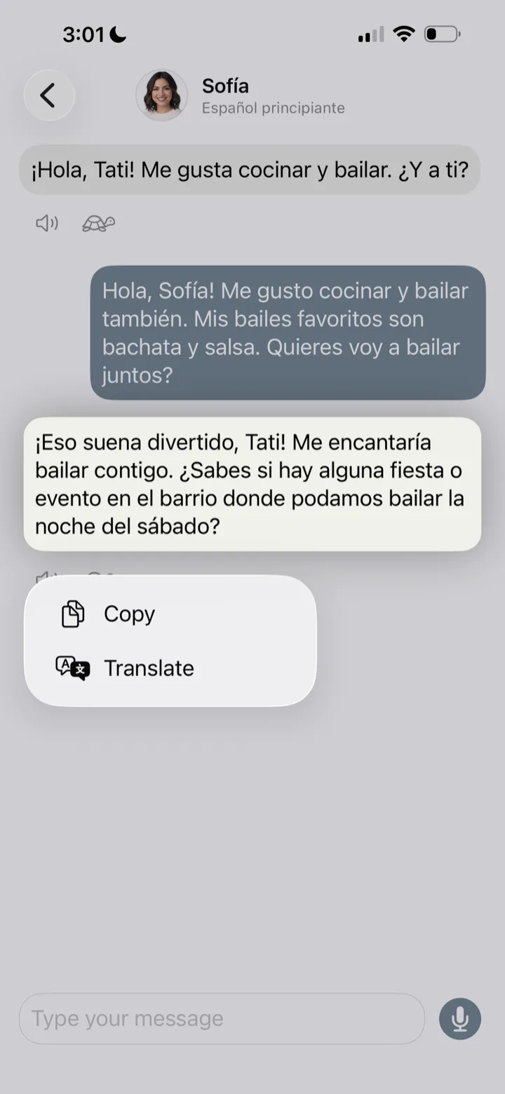 Beginner Spanish chat with Sofía, with the menu open to copy or translate her reply