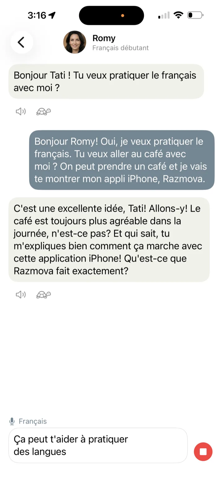 Beginner French chat with Romy, with voice input typing a spoken reply in French