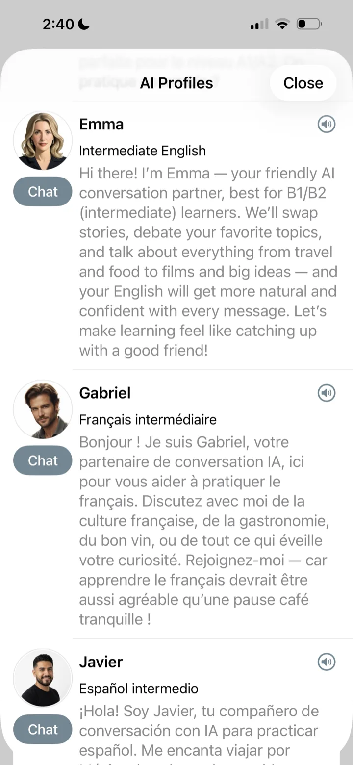 List of AI partners showing Emma, Gabriel and Javier with their levels